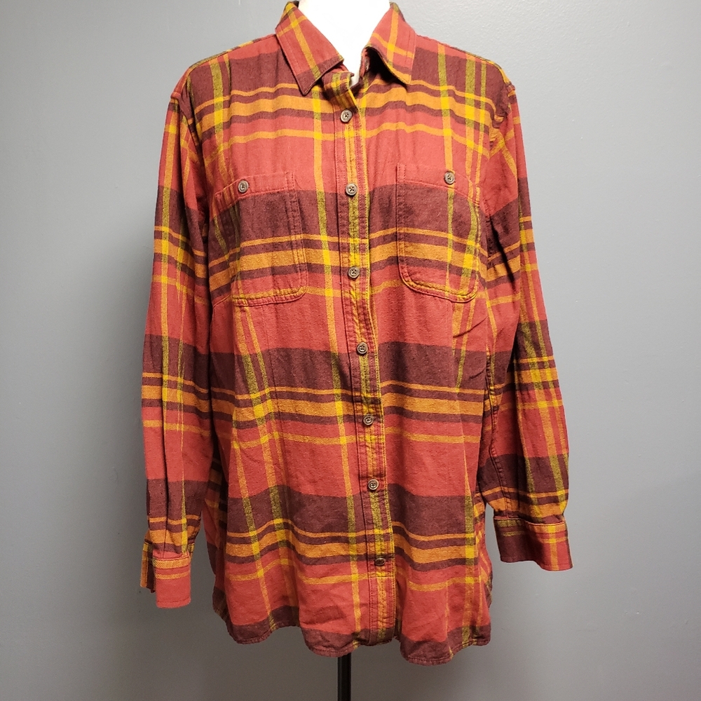 Duluth Trading Free Swingin' Plaid Flannel Shirt 1X Long Sleeve Button-Down Red